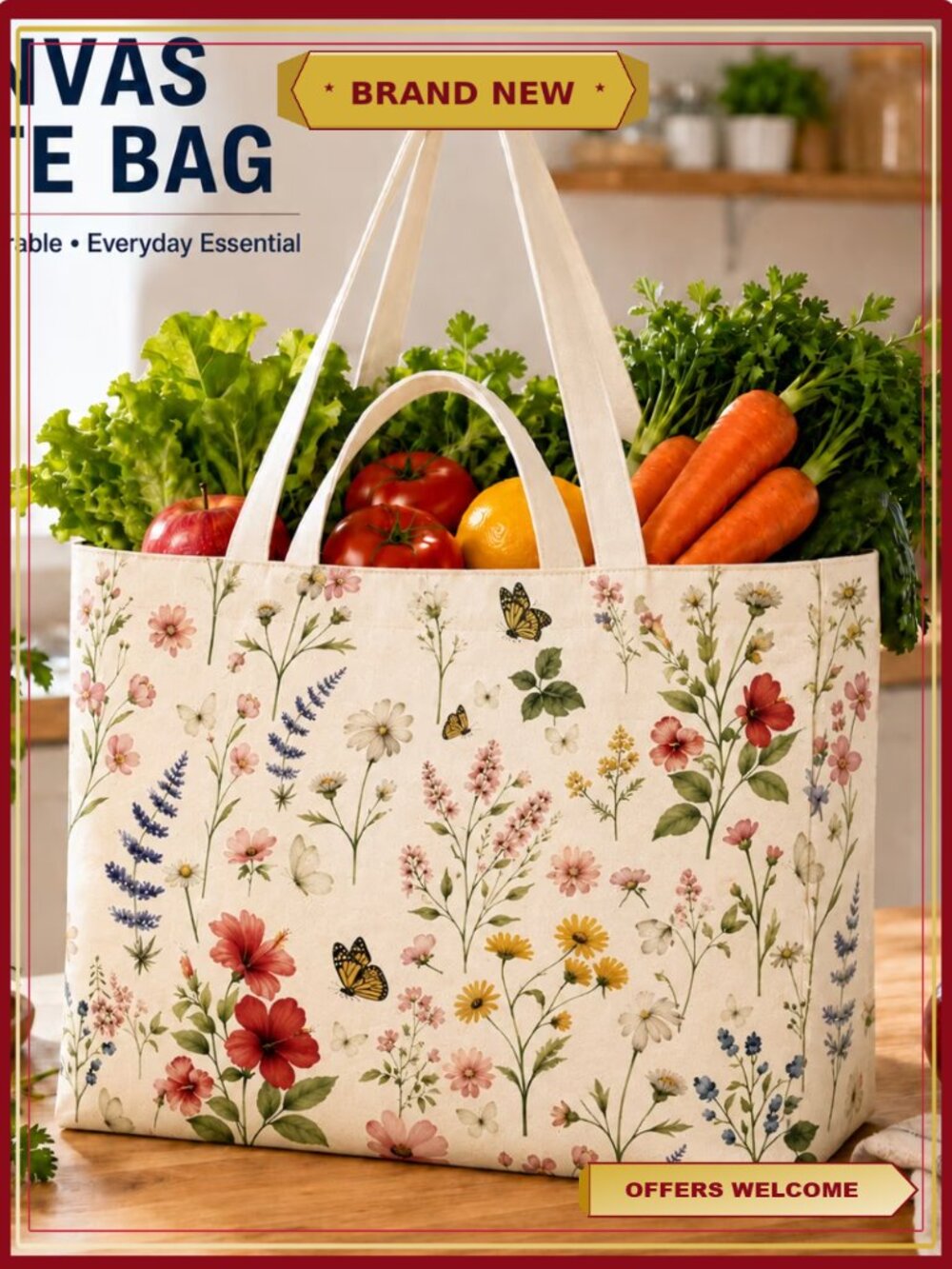Extra Large Canvas Grocery Tote Bag with 2 Handles & 6 Pockets